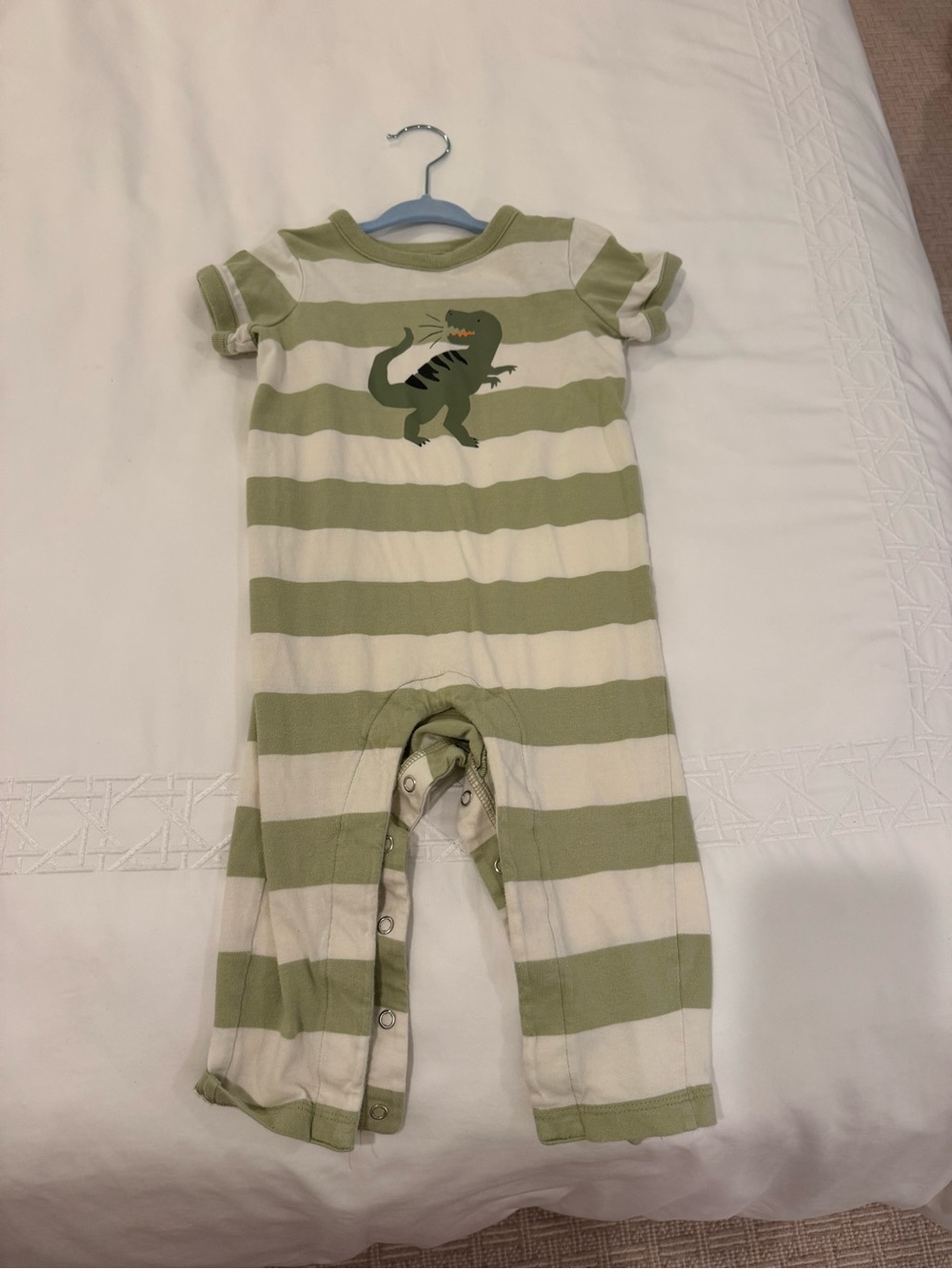 Hanna Andersson Olive Green & White Striped Dino Romper